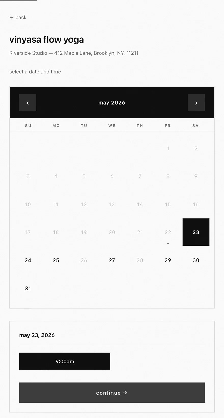 bookable storefront — a calendar to pick a date and time