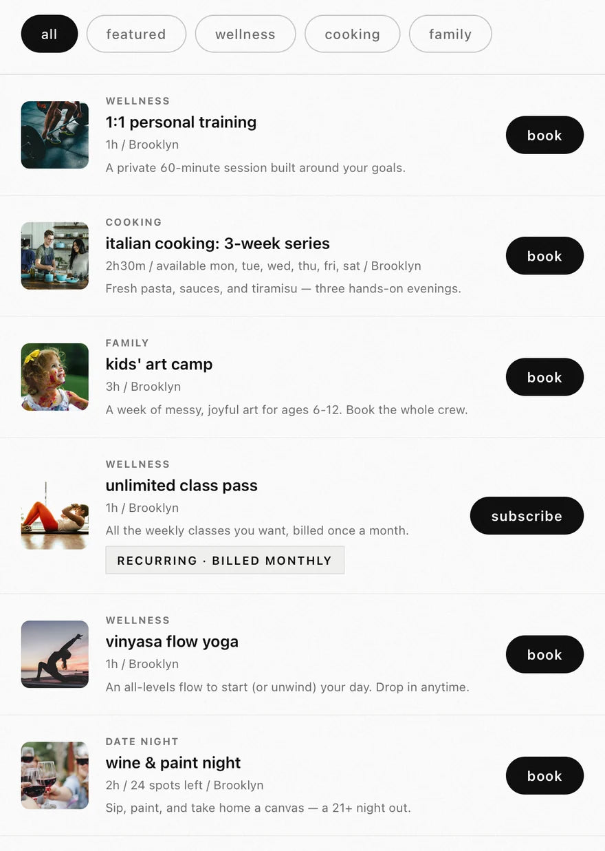 bookable storefront — browse the full class catalog with category filters