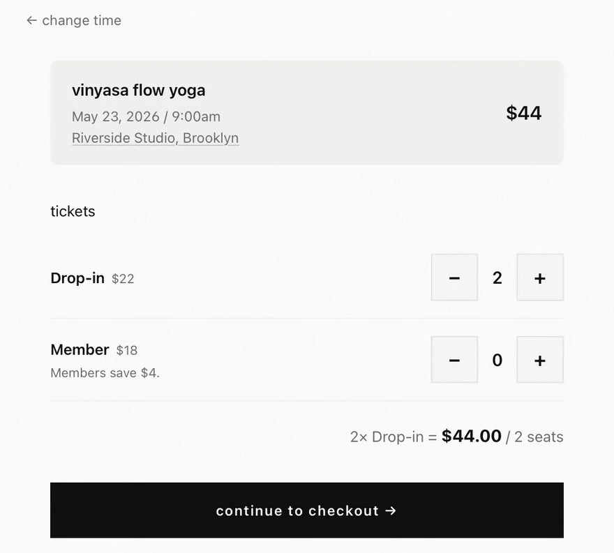 bookable storefront — selecting ticket quantities before checkout