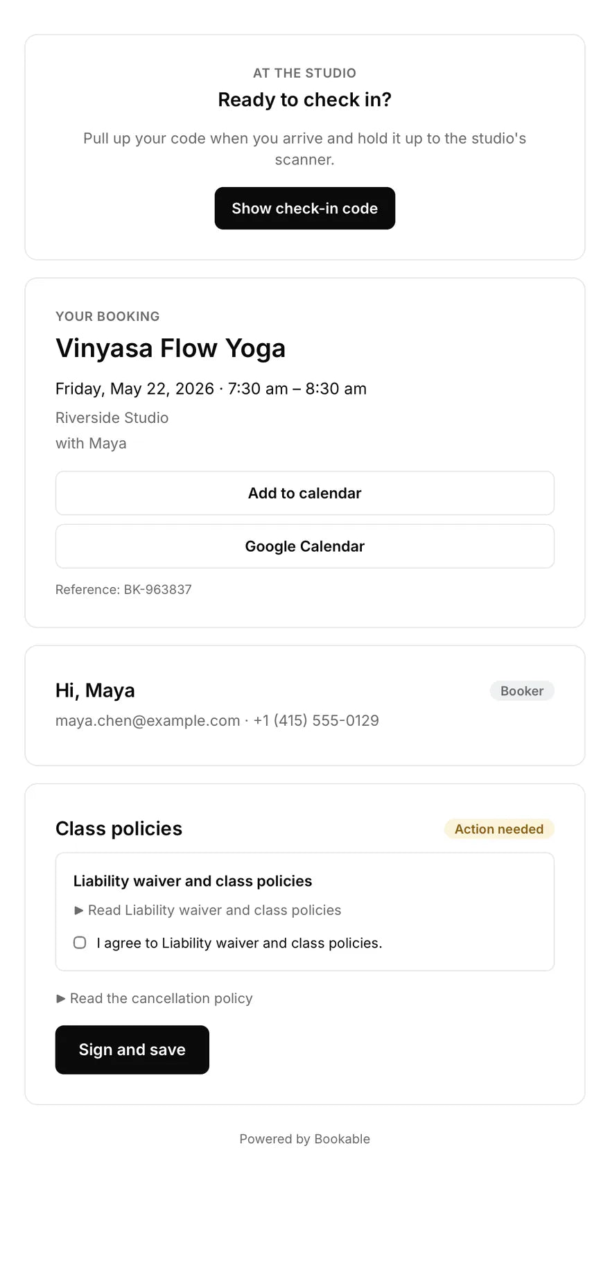 booked — check in, add to calendar, sign the waiver.